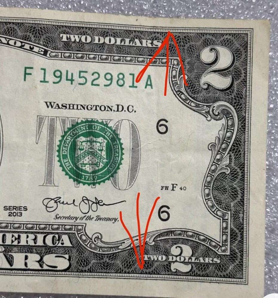 2013 $2 Error Note Off Centered, Miscut W/Ink Bleeds Excellent Condition