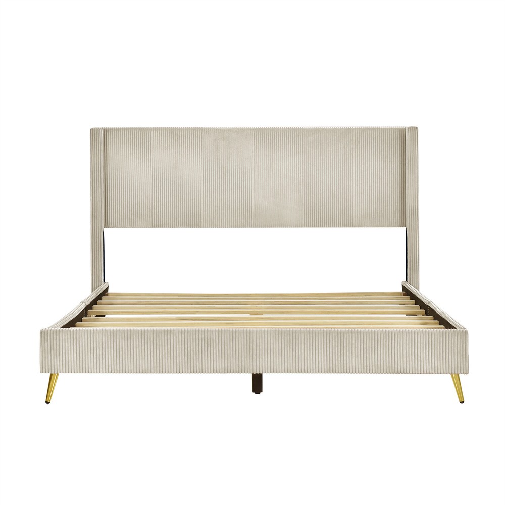 Queen Size Bed Frame Upholstered Platform Bed w/ Upholstered Headboard Beige New