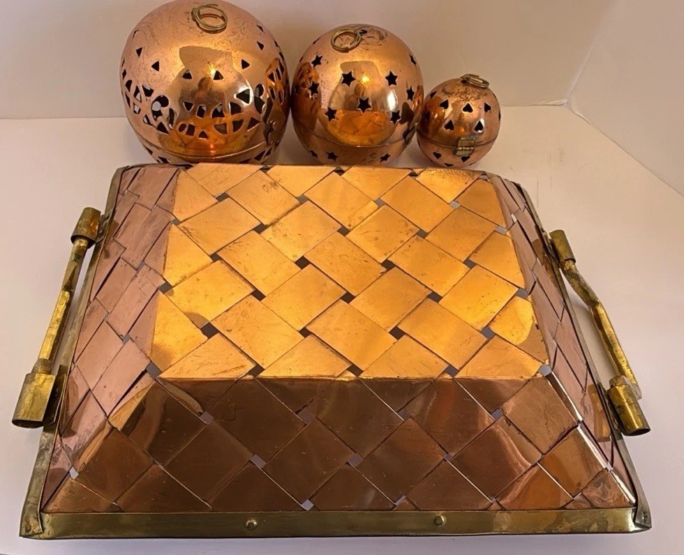Woven Copper & Brass Tray With Three Hinged Decor Balls