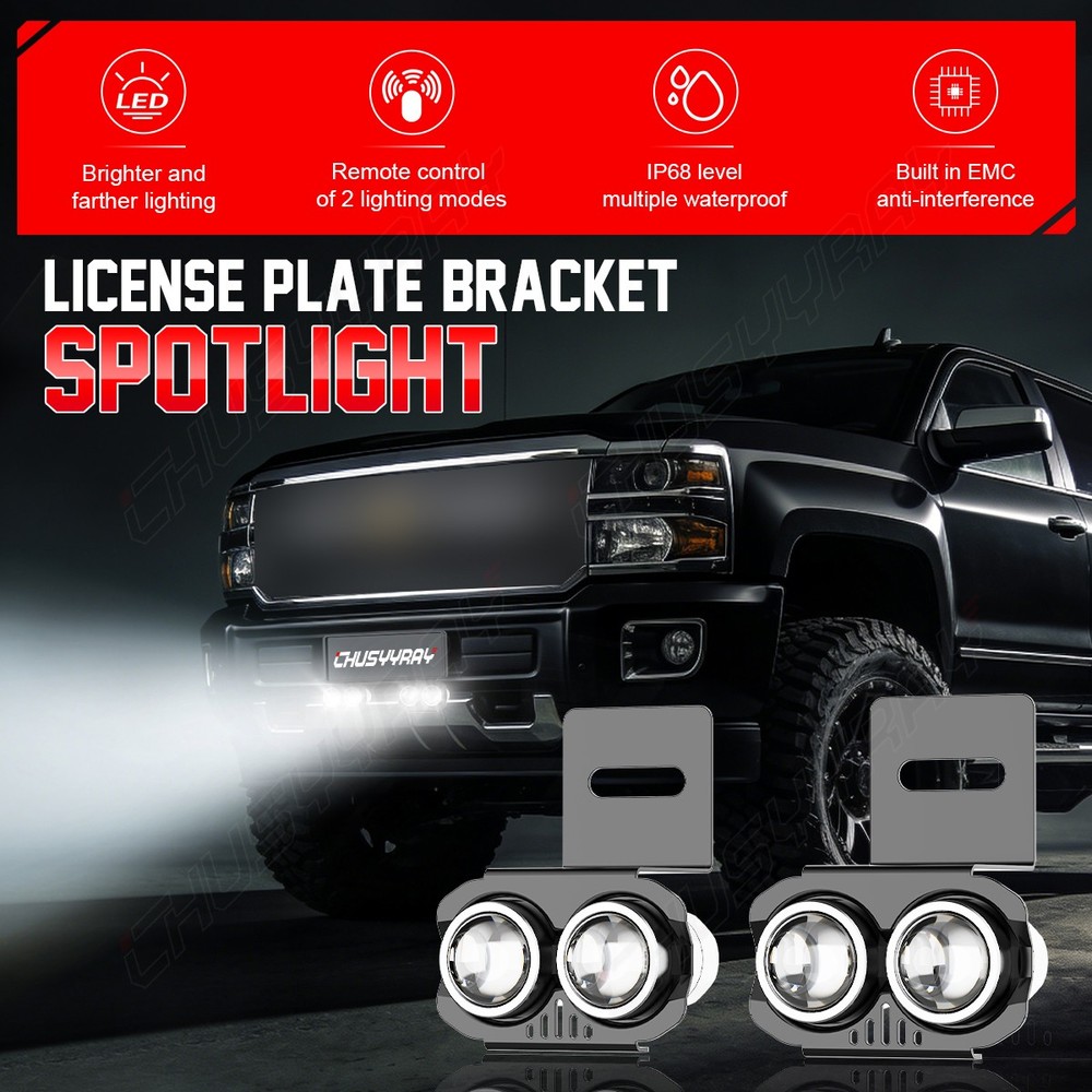 Front Bumper License Plate Mount Bracket Holder & 4pcs Led Work Light Bar White