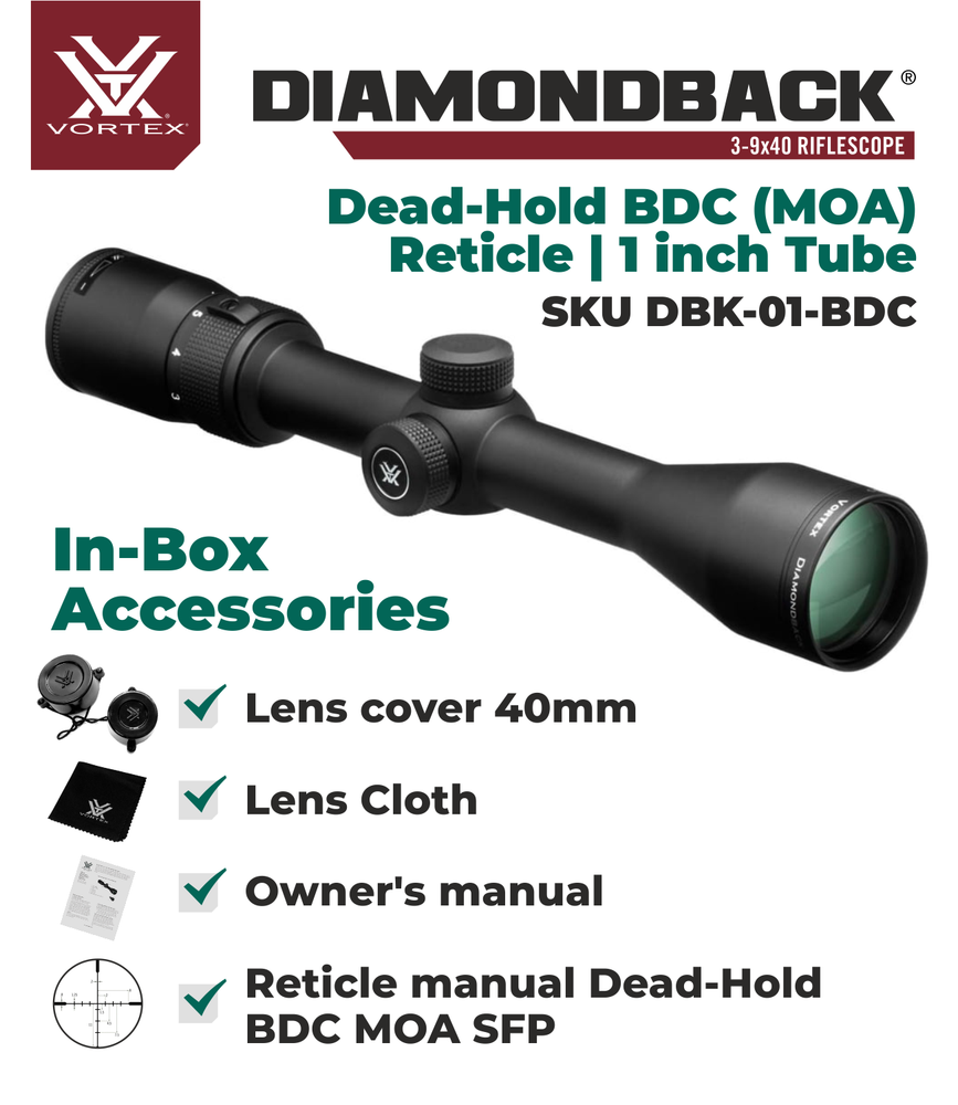 Vortex Optics Diamondback 3-9x40 Dead-Hold Riflescope with Hat and Rings Bundle