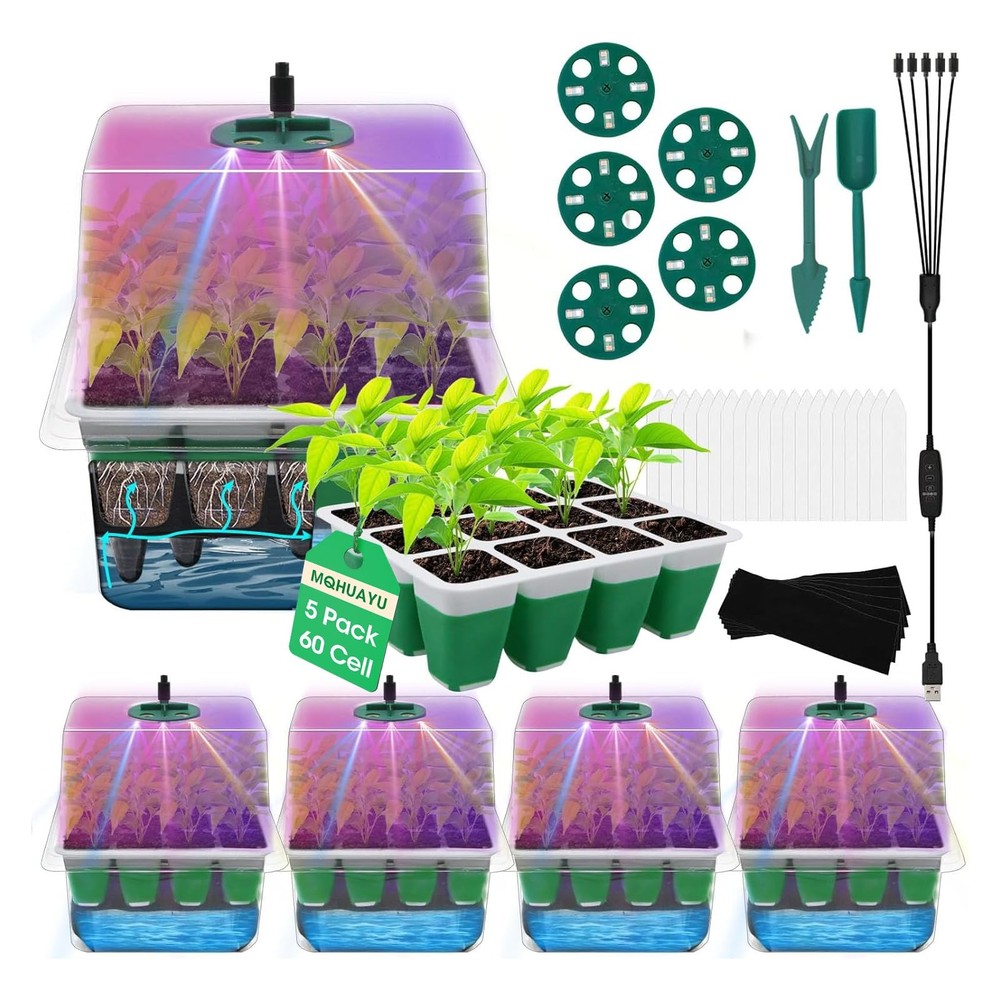 60-Cell Self Watering Seed Starter Tray with Grow Light, 5-Pack Reusable Seed...