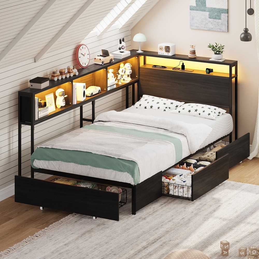 Corner Twin Bed Frame with 3 Storage Drawers, Bed Frame with LED & Charging