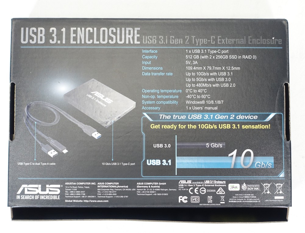 ASUS 512GB External SSD USB 3.1 Gen 2 Type-C External Drive Enclosure