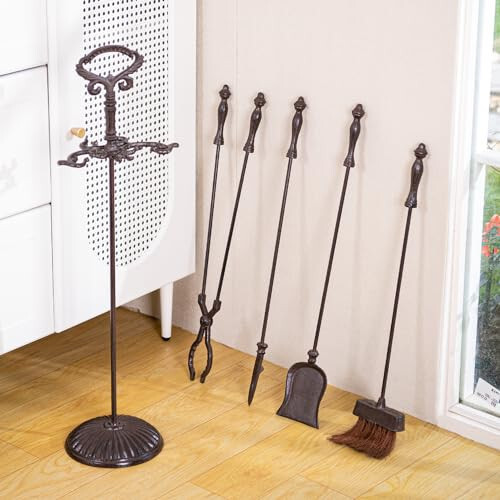 Sungmor 5PCS Cast Iron Fireplace Tools Set Rustic Fire Pit Accessories Holder