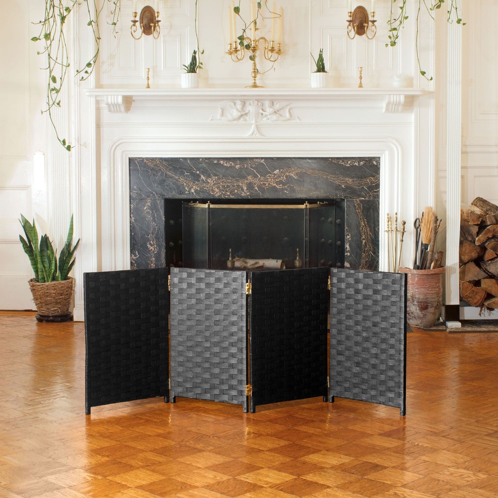 2 ft. Short Woven Fiber Folding Screen - 4 Panel - Black
