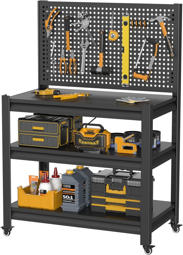 Heavy-Duty Workbench with Pegboard and Wheels, 3000 lbs Capacity