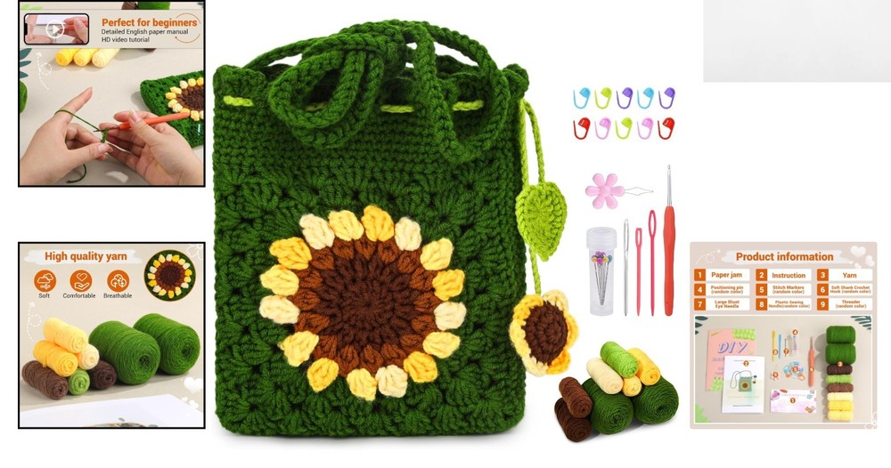 Beginner Crochet Kit for Stunning Sunflower Phone Bag - Includes Tutorials
