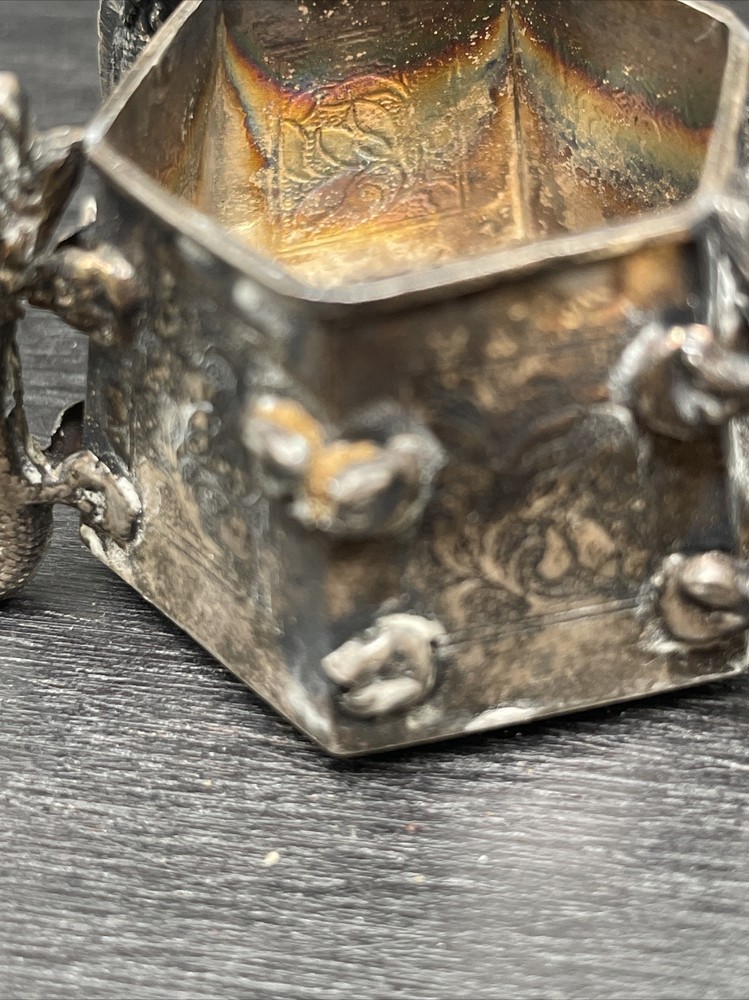 Vintage small metal incense burner with dragons
