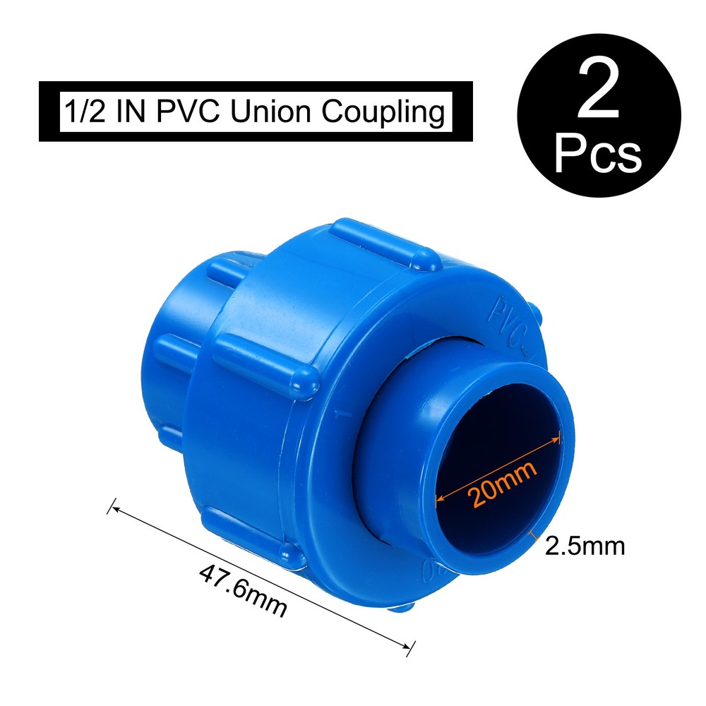 2 Pcs 1/2" Union PVC Coupling Pipe Fitting Adapter, Blue