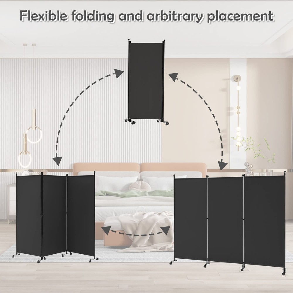 3 Panel Rolling Room Divider, Folding Partition Privacy Screens, Freestanding...