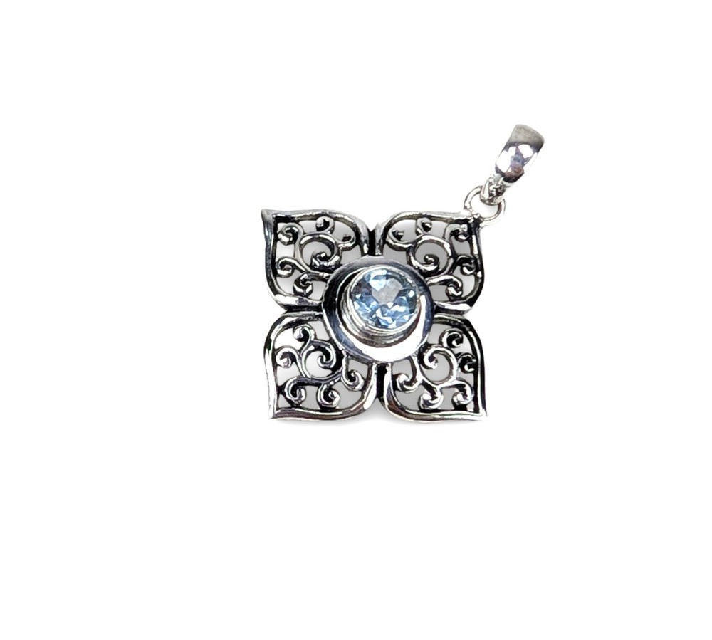 Blue Gemstone Pendant, Scrollwork Pendant, Ornate Silver Pendant