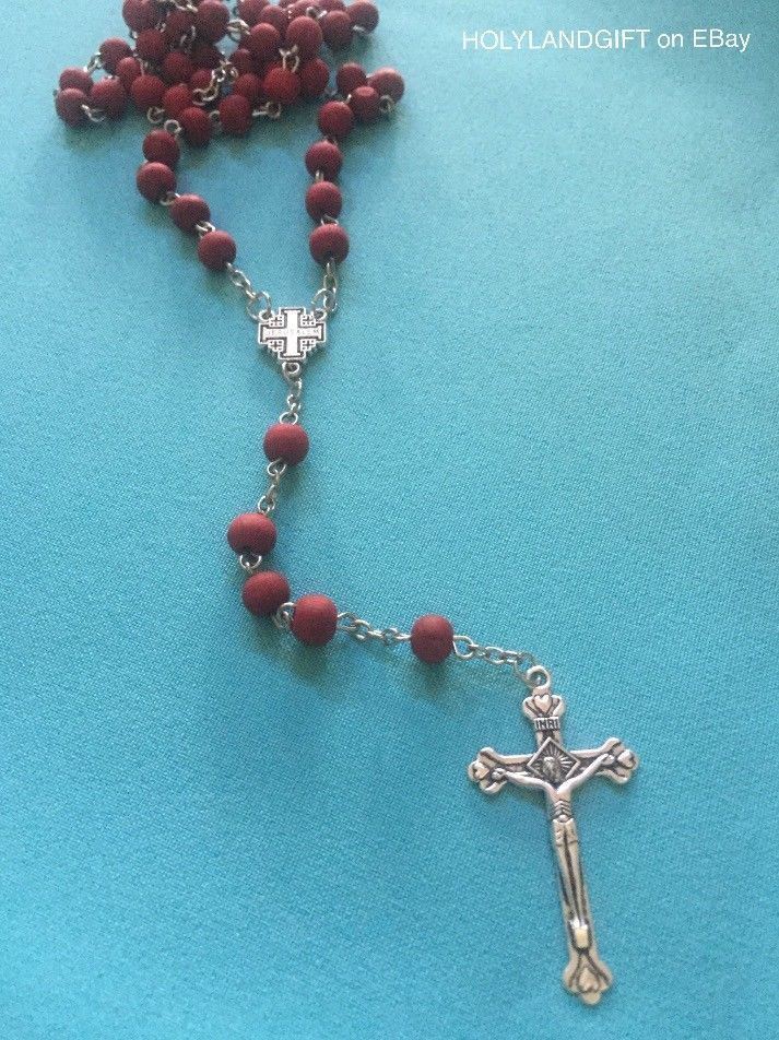 JERUSALEM Rose Smell Wood Catholic ROSARY Bead Necklace Cross Crucifix US SELLER