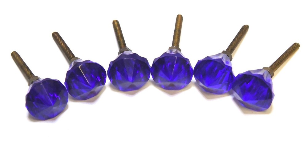 RARE 6 VINTAGE COBALT BLUE GLASS DRAWER PULLS KNOBS