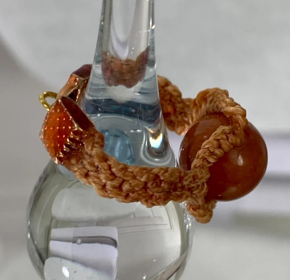 Handcrafted Tan Macramé Ring with Red Agate Stone Bead, Clamp Closure, Jump Ring