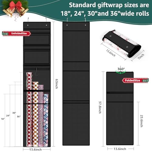 Wrapping Paper Organizer Storage, Double-Sided Hanging Gift Wrap Roll Black