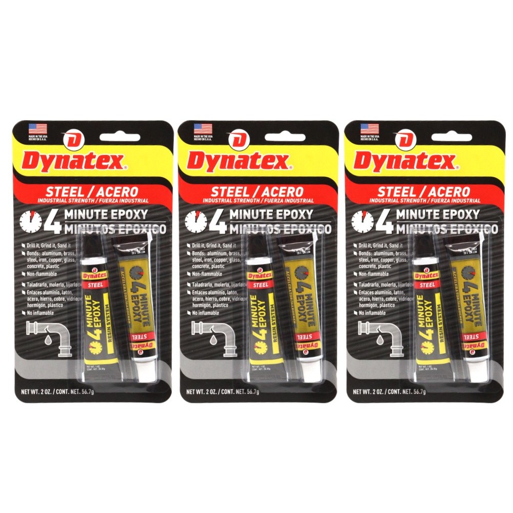Dynatex 4 Min Steel Epoxy 2 oz - Fast Set Drillable (3-Pack)