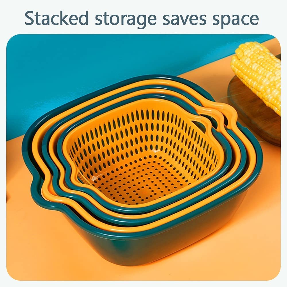 Blue Yellow Vegetable Washing Baskets Multi-Layer Stackable Colander Set Tool