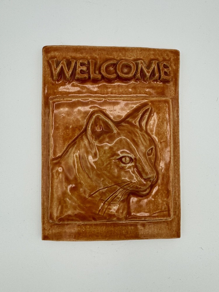 Signed Ceramic Studio Art Pottery Ginger Cat Wall Plaque Welcome Sign Tile 7”