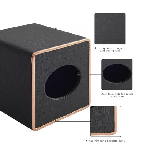Linen Square Tissue Box Cover,Cube Tissue Box Black Linen Texture