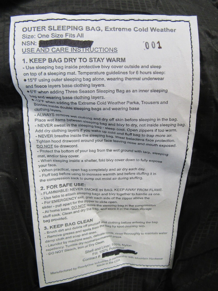 USMC Extreme Cold Weather Sleeping Bag Sleep System Component Over Run Irregular