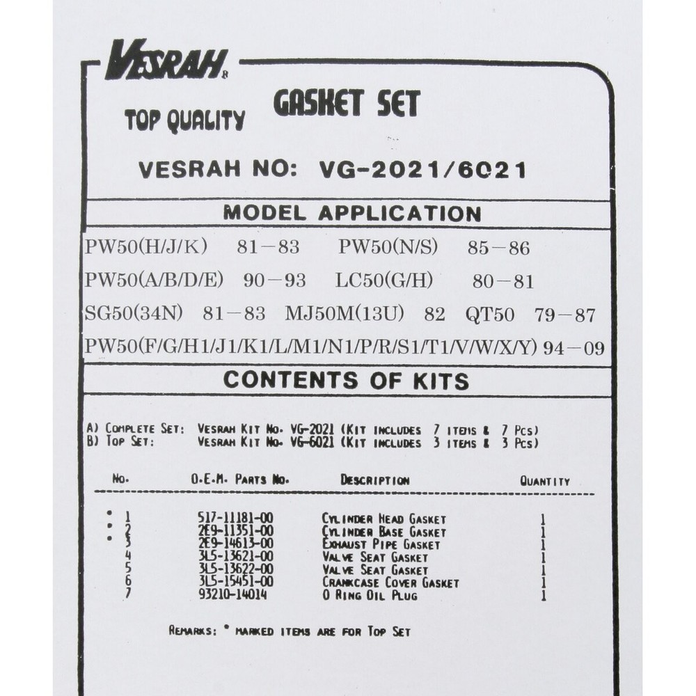 Vesrah Complete Gasket Set - VG2021