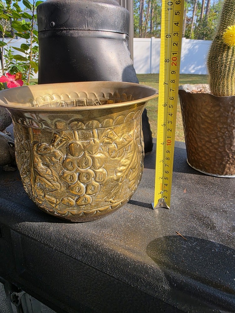 Vintage Embossed Brass Planter Medium Grape Leaf Design Boho Decor India Style