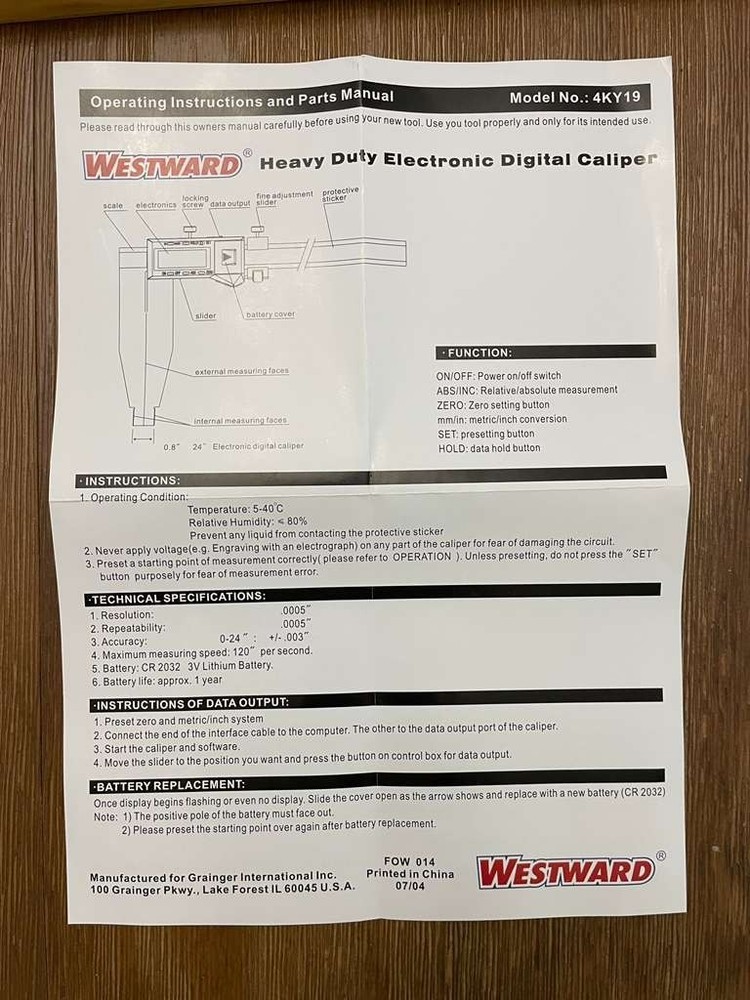 WESTWARD Long Range Digital Caliper 4KY19