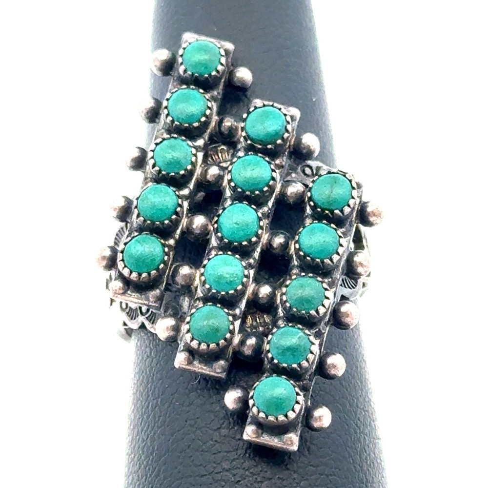 Native American 925 Sterling Silver Snake Eye Malachite 15 Stone Statement Ring