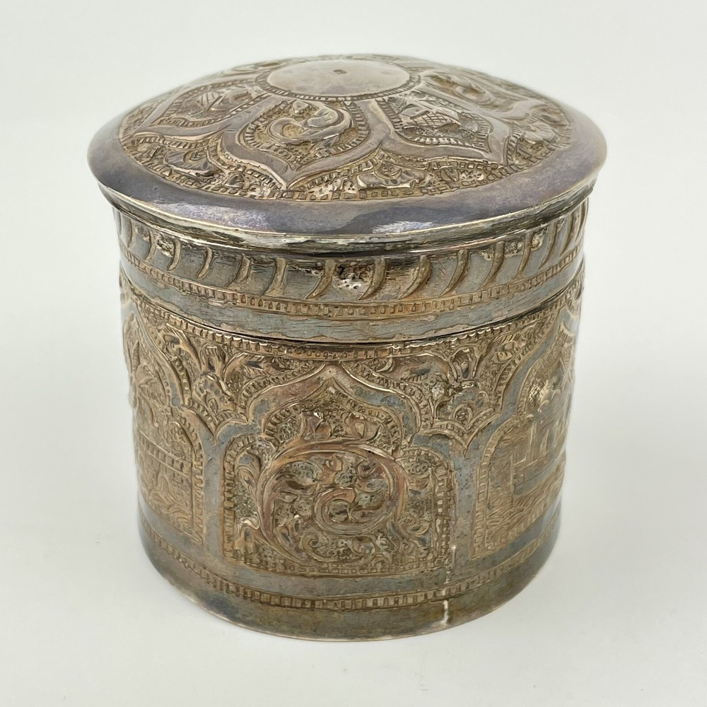 Antique Indian Solid Silver Tested Embossed Lidded Jar / Cannister 7cm X 7cm