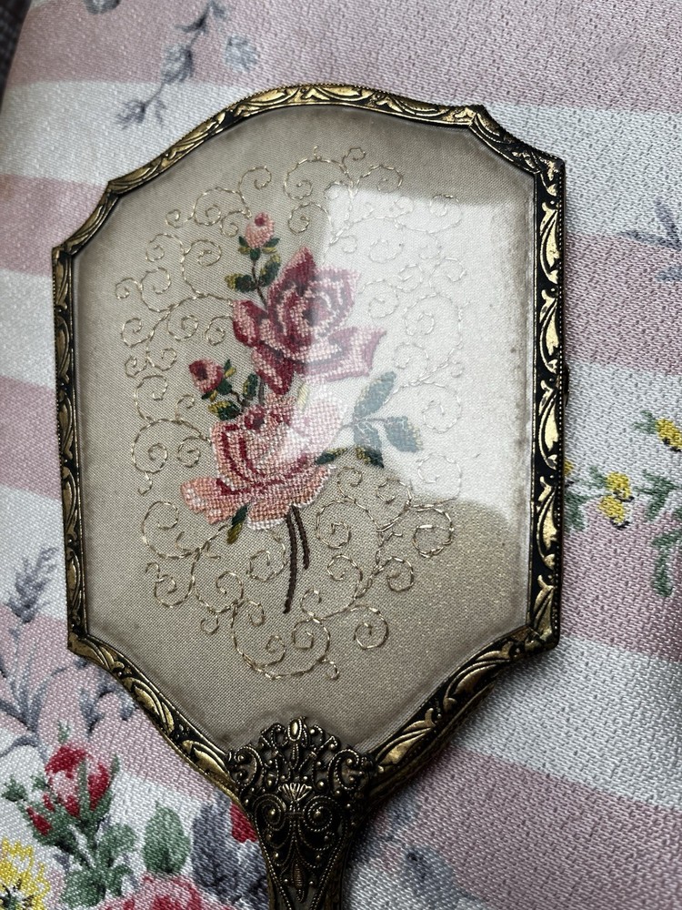 Vintage Embroidered Scroll Work Hand Held Vanity Mirror & Brush Set Gold Tone