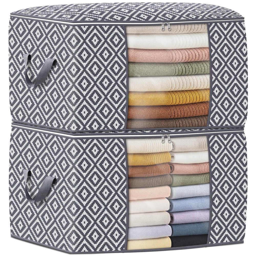 2 Pack 100L Grey Storage Bins, Foldable, Reinforced Handle, Clear Window, Bags