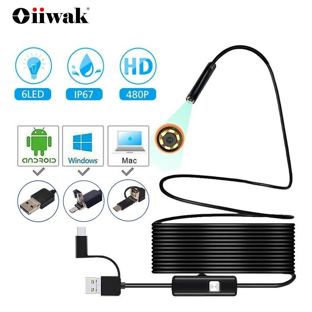 1M Endoscope Camera 7mm Snake Borescope Waterproof Inspection Scope Light HD 3FT