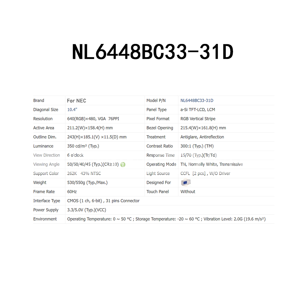 NL6448BC33-31D For NEC 10.4" 640*480 New Highly clear LCD control Panel screen