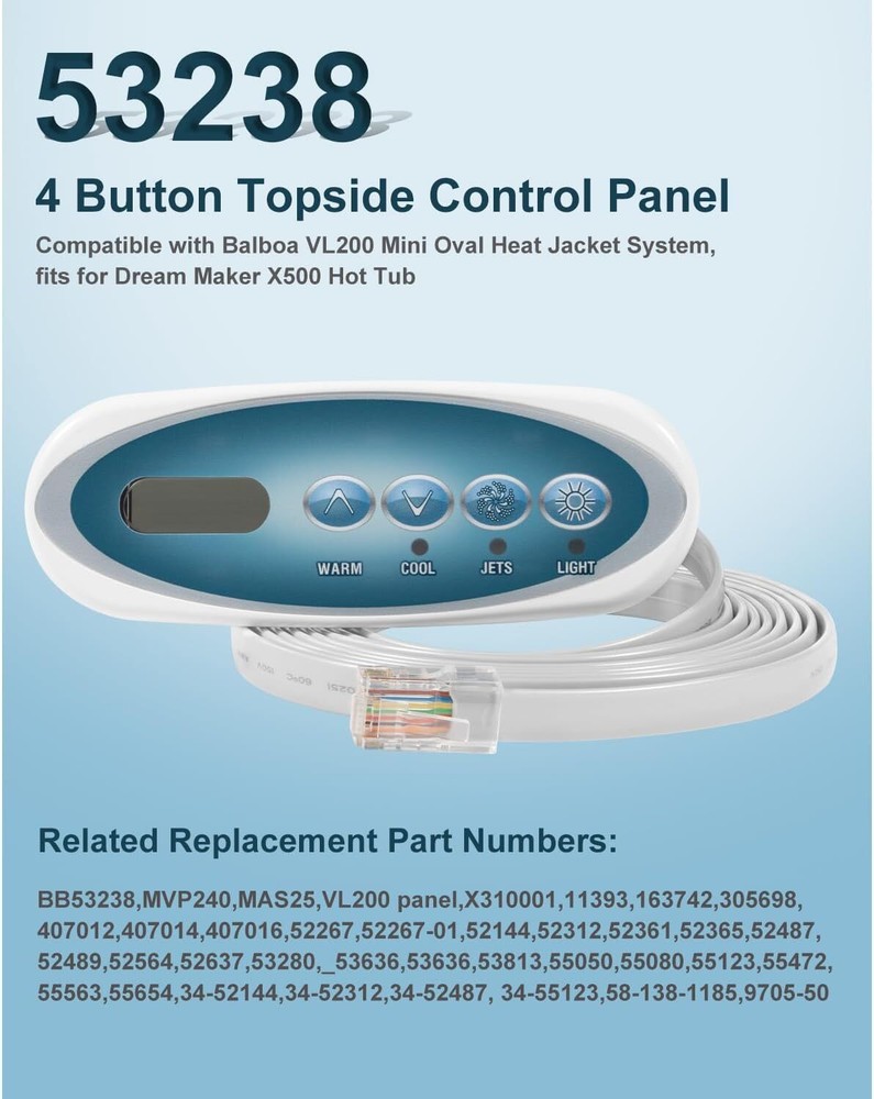 Replace Balboa 53238 Topside Control Panel 4-Button for Mini Oval Heat Jacket 7'