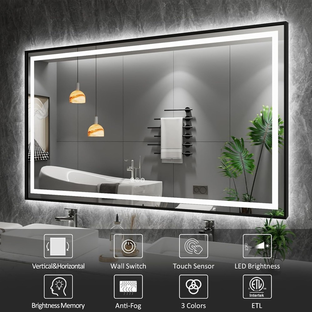 24"x 32" LED Bathroom Mirror with Black Frame, Front Light and Backlit, Stepl...