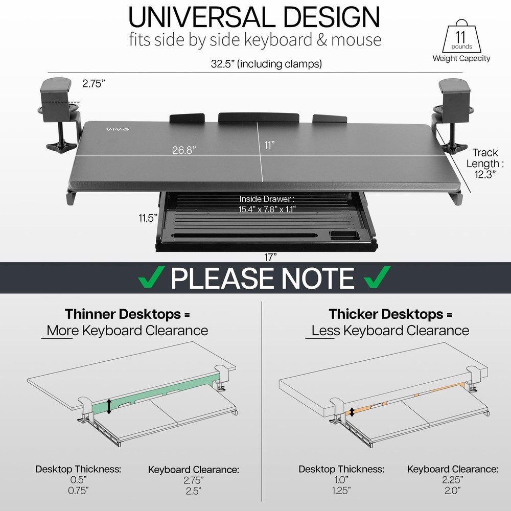 Large Keyboard Tray Under Desk Pull Out Platform with Pencil Drawer, Extra St...