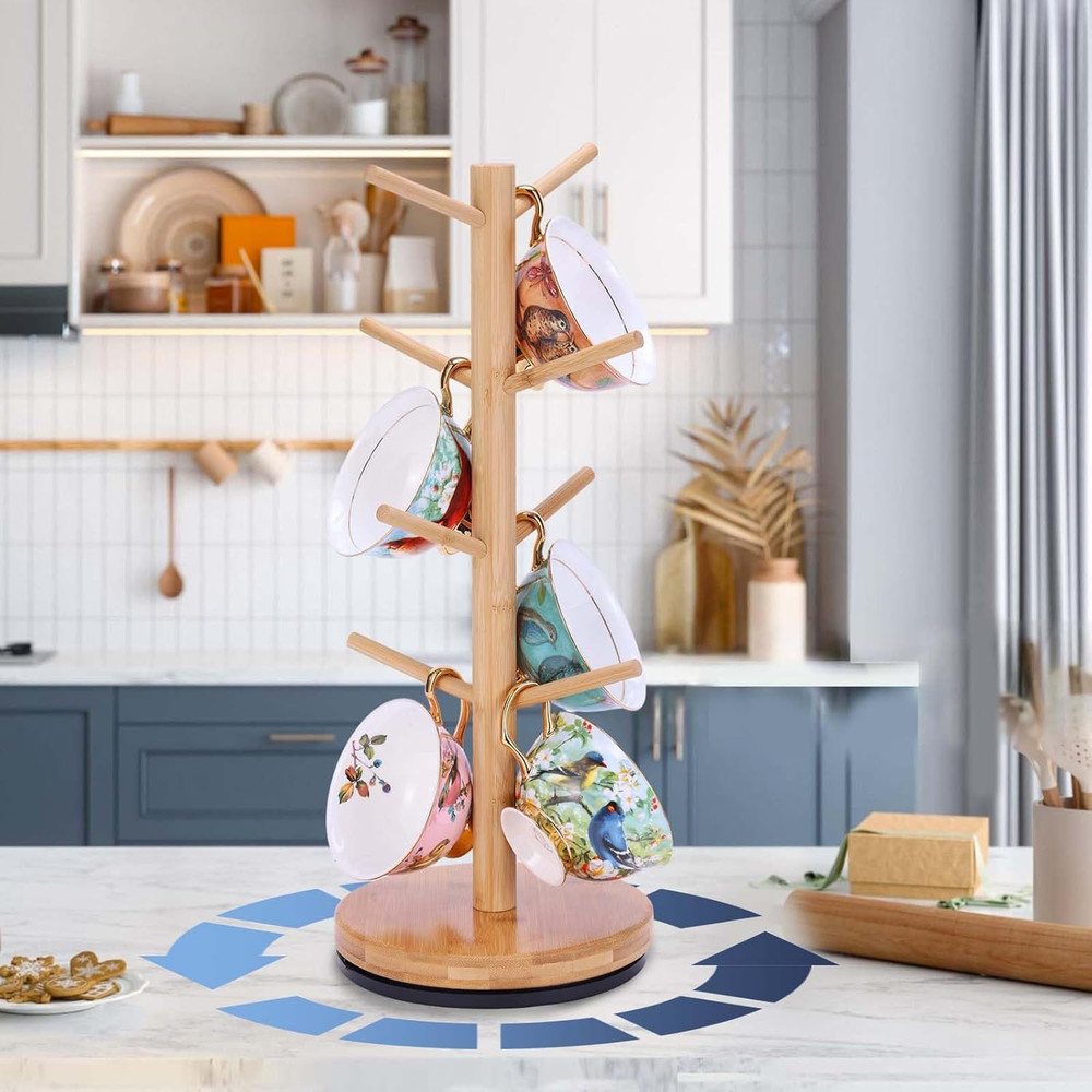 Mug Holder Tree Upgraded 360° Rotated 8 Hooks Coffee Holders for Counter Bamboo