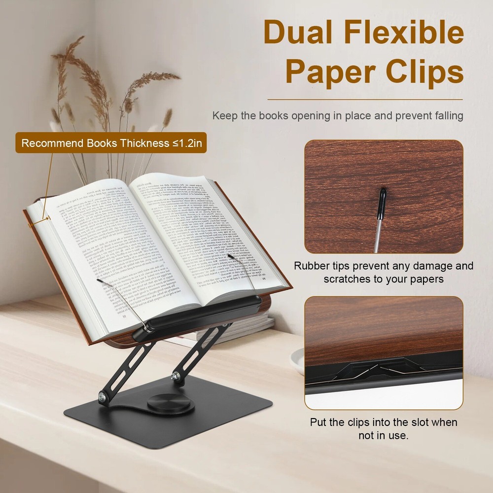 Foldable Book Stand Adjustable Height Book Holder Paper Clips with Rotating Base