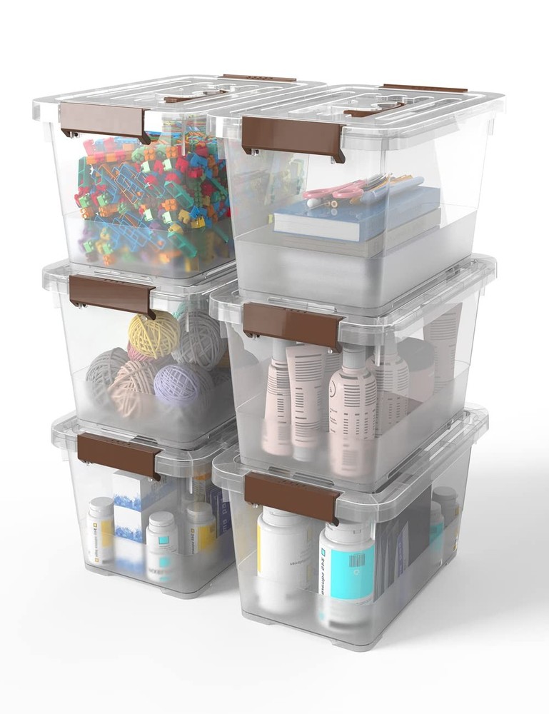 6-Pack Clear 7 Quart Storage Latch Box/Bins, Plastic Stackable Latching Box w...