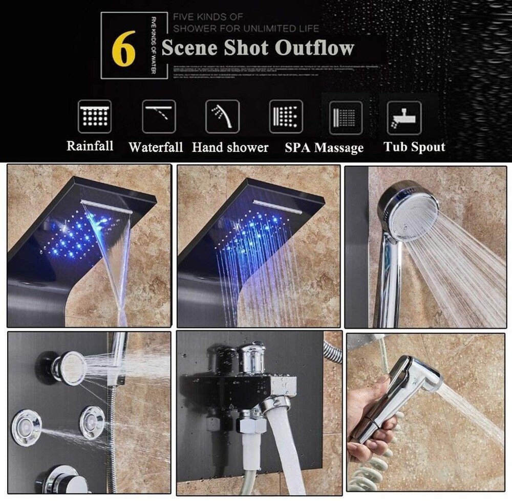 LED Shower Panel Tower System 6Fcuntion Rainfall Head Massage Body Jet Stainless