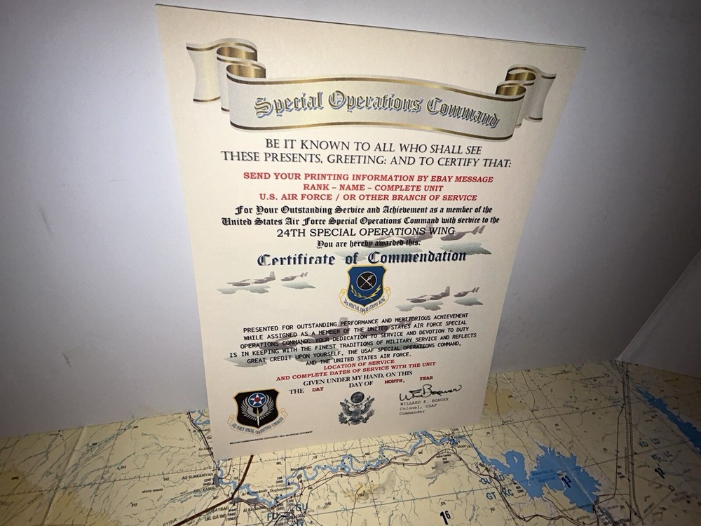 U.S.A.F. / 24TH SPECIAL OPERATIONS WING - CERTIFICATE OF COMMENDATION