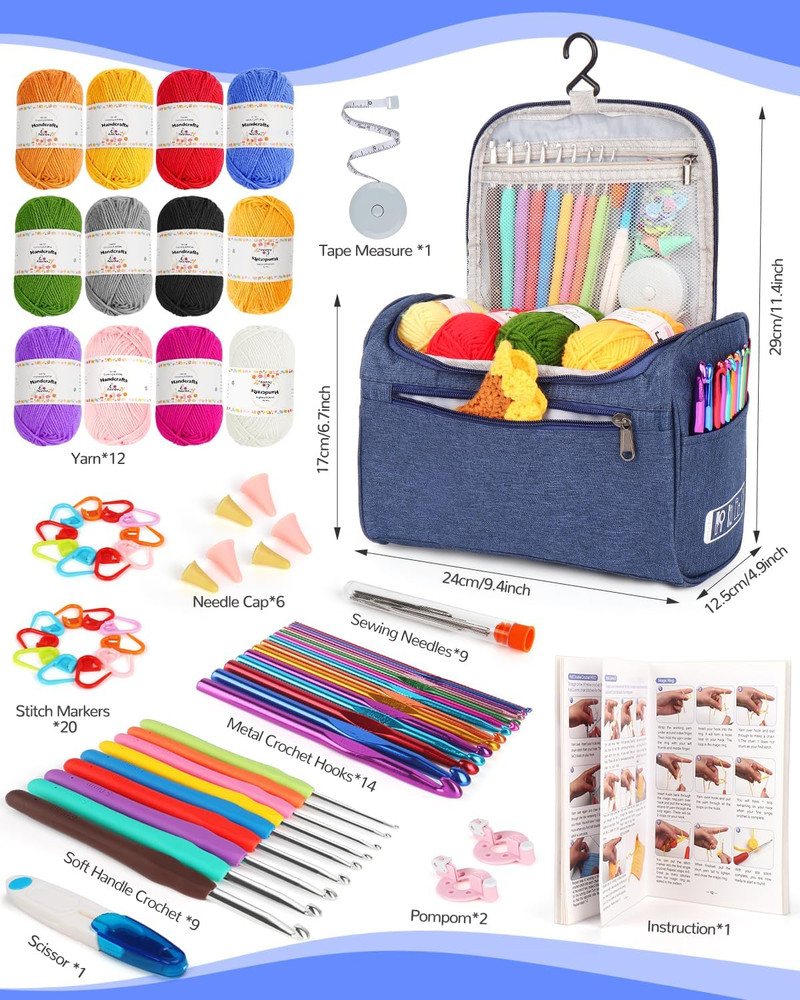 Crochet Kit for Beginners 23pcs Yarn Hooks Instruction Bag Accessories