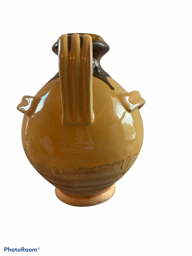 Ceramic Jug Pitcher Brown And Honey Colored Drip Three Handles ￼Old Fashioned