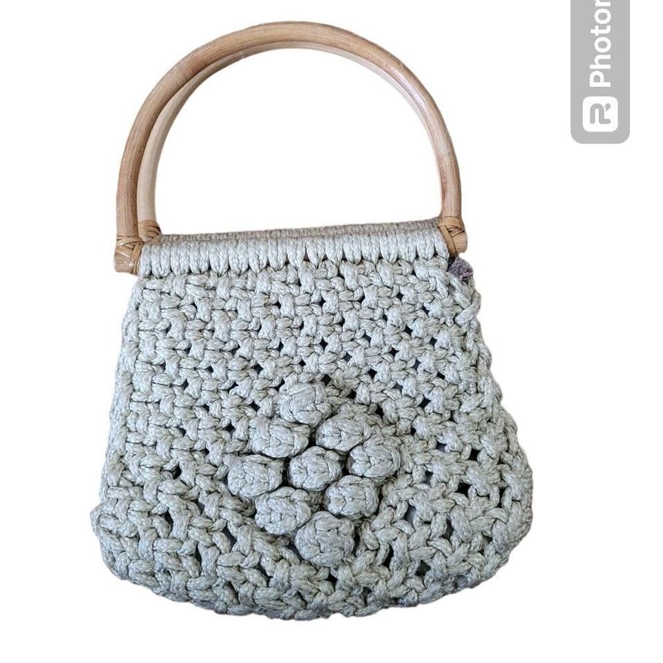Vintage macrame purse with wooden handle