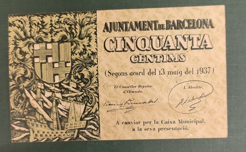 1937 Spain 50 Centimes - Barcelona Civil War issue - Solid VF+