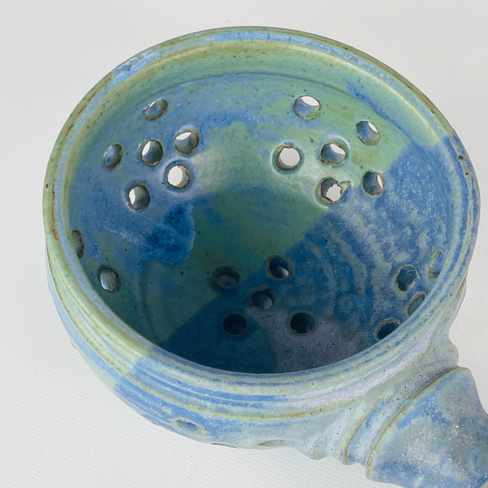 Handmade Blue Green Pottery Berry Bowl Strainer Signed