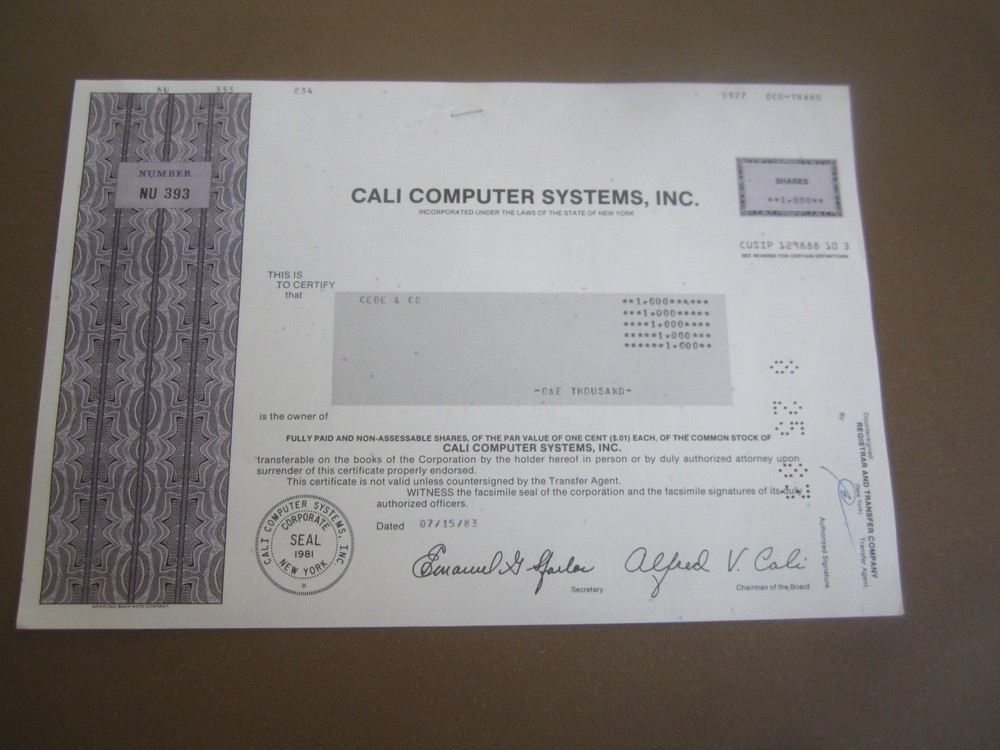 1983 - CALI COMPUTER SYSTEMS INC. - Stock Certificate - Software