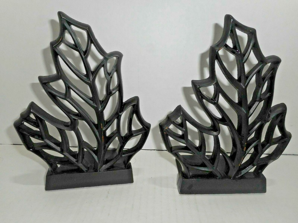 Syroco Molded Resin Open Leaf Pattern Bookends Felt Bottom Original Sticker PAIR
