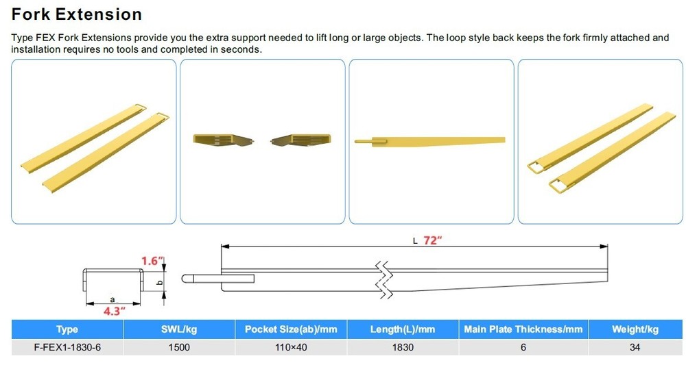 Pallet Fork Extensions 72in Fork Blades with 4.5in Width